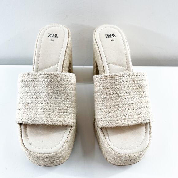 ZARA Woven Wicker Platform Square Toe Slide Block Heel Sandals Tan 38 / US 8 - Picture 7 of 9
